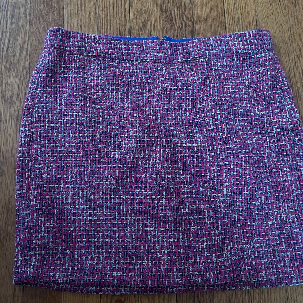 J Crew Tweed Mid Length Mini Skirt with Blue Pink and White Pattern